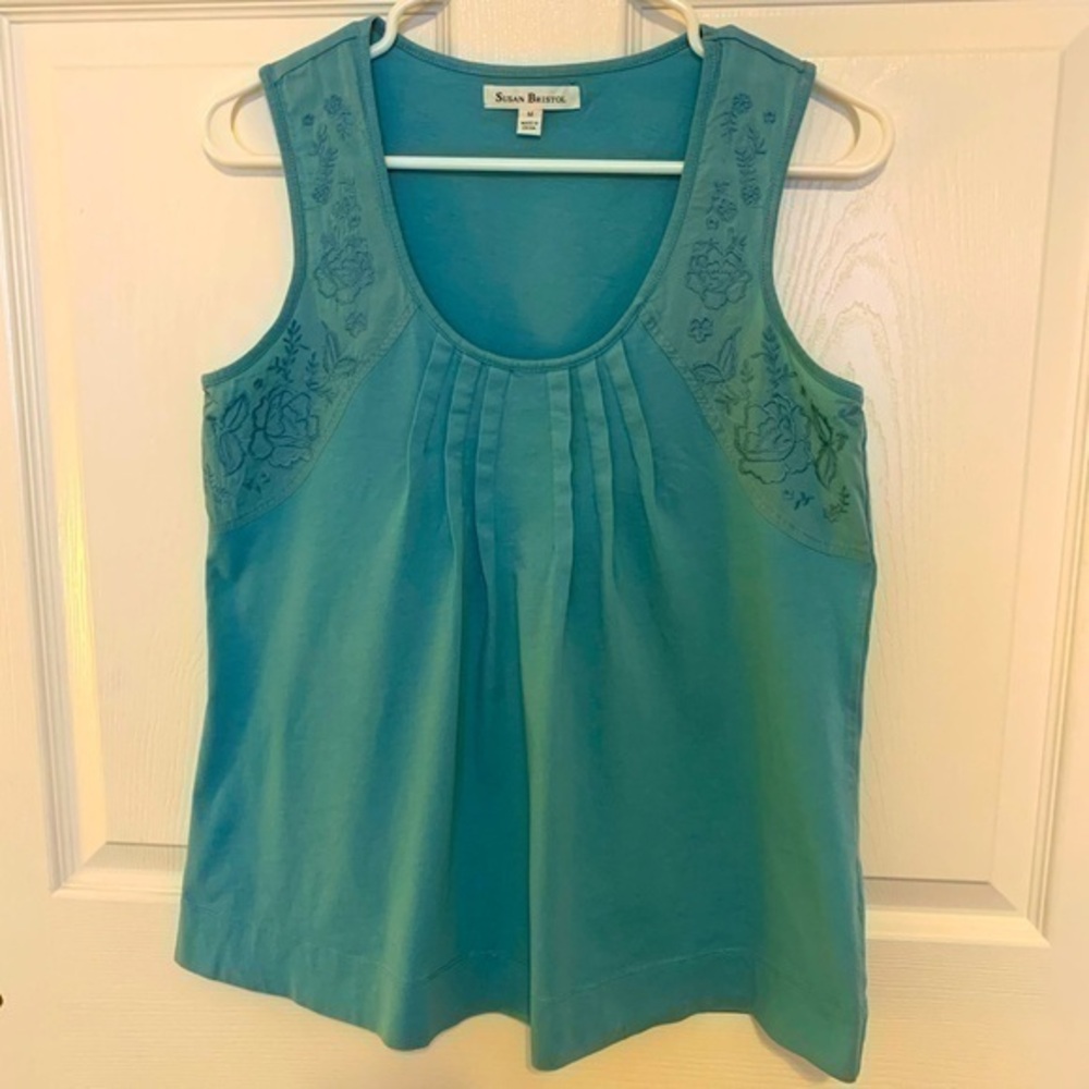 Susan Bristol, turquoise tank with embroidered accents, gathered front, size M